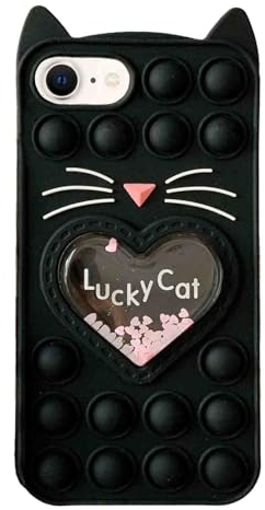 Asgens Fidget Pop Hülle für iPhone 6/6S/7/8/SE 2020, Glückliche Schwarz Katze Treibsand Bling Sterne Drücken Blasen Stoßfeste Weiche Silikonhülle für Apple iPhone 6/6S/7/8/SE 2020 4,7 Zoll