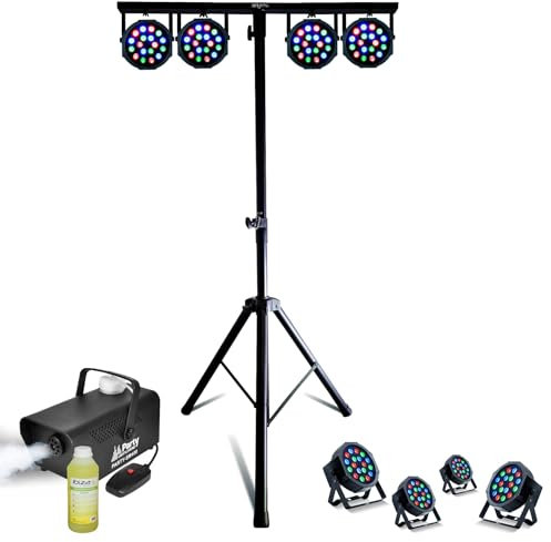 Mooving Light & Sound - Pack Pied Lumière ML-SUPPORT-DJLIGHT réglable - 4 projecteurs Par RGB - Machine à fumée - Fête Anniversaire