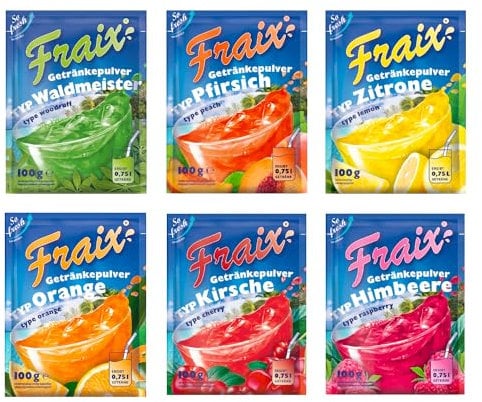 Fraix Boisson en poudre 6 variétés mélangées (30 x 100 g) - Lot avantageux - 5 paquets chacun - Saveurs - Framboise cerise orange pêche maître de la forêt citron