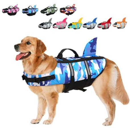 Giubbotti Di Salvataggio Per Cani Giubbotto Squalo Salvagente Per Animali Domestici Salvagente Gilet con Manico e Riflettente Per Cani Piccoli, Medi e Grandi, Taglia Regolabile Mimetico Blu L