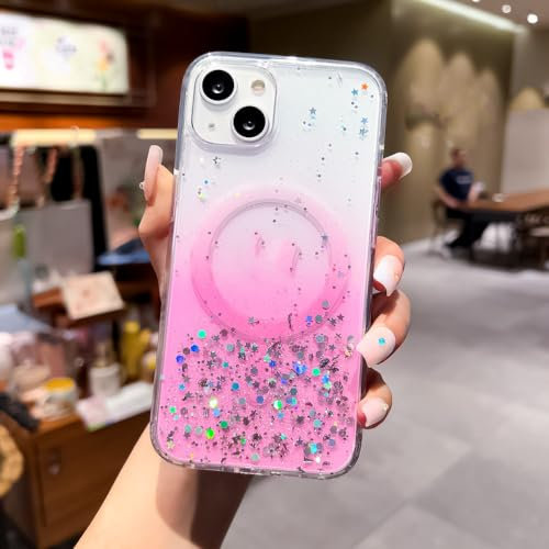 FORLUZ Custodia per telefono trasparente glitterata con ricarica wireless di lusso per iPhone 11 12 13 14 Pro Max XS X XR 7 8 Plus Mini morbido silicone, rosa, per iPhone 13 Mini