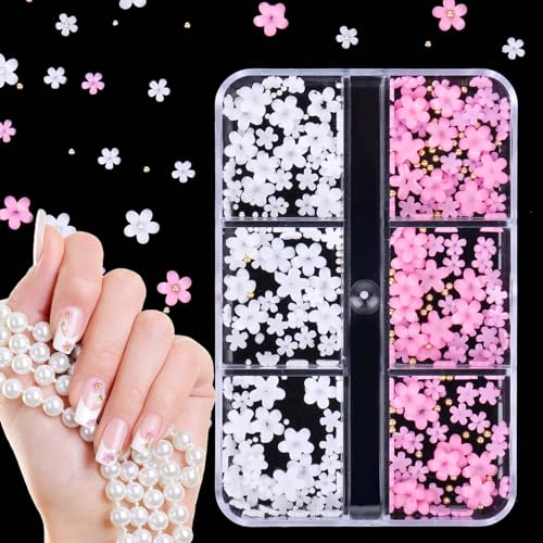 Qianyu 3D Flower Nail Art Charms White Pink Acrylic Nail Charms Pearls Rhinestones Spring Blossom Gems Round Beads Nail Accessories for Women Girls DIY Nail Designs Decorations Supplies