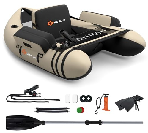 GOPLUS Barca Hinchable para Pesca, Barco Inflable con Portacaña, Remo de Aluminio, Bomba sin Motor,Respaldo Ajustable， Bote Hinchable para Adults, Carga 150 kg