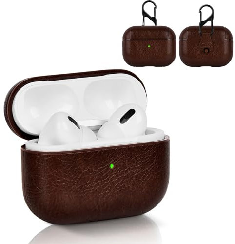 YAODLE Custodia compatibile con Airpods Pro 2, in vero TPU + custodia in pelle PU, con moschettone, anti-impronte, anti-abrasione (marrone scuro)