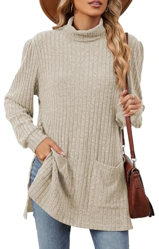 iChunhua Lightweight Roll Neck Jumpers for Women UK Side Split Turtleneck Knit Long Sleeve Tunic Tops with Pockets