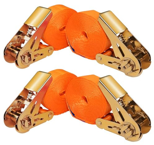 4 Cinghie di Tensione 6m x 1000kg con Chiusura a Cricchetto - Cinghie a Cricchetto da 25mm - Arancione - per Bagagli e Trasporto - Certificato TÜV/GS e secondo la Norma DIN EN 12195-2 - KODIAK STRAPS