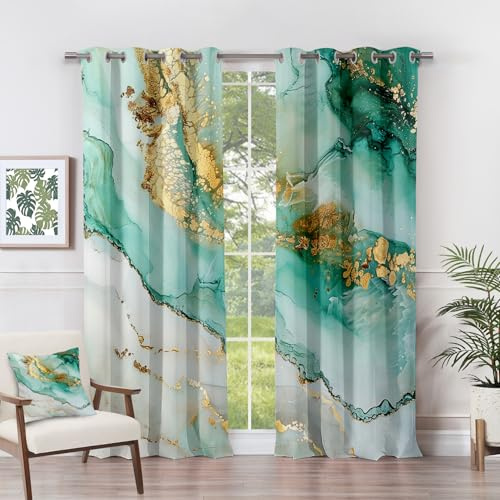 Generisch Vorhänge Marmor - Gold Grün Luxus Abstrakt Fenster Gardinen mit Ösen, Vorhang Blickdicht Verdunklungsvorhänge Thermovorhang für Wohnzimmer Schlafzimmer Deko 2er Set, H 160 x B 140 cm K#-301