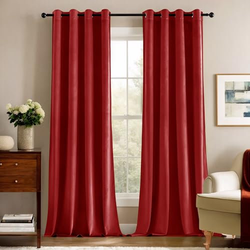 Deconovo Blickdichte Gardinen Vorhänge Blickdicht Gardine Samt Schlafzimmer Vorhang Wärmeisolierende, 175x140 cm(HöhexBreite), Hellrot, 2er Set