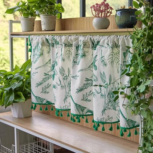 Dsnyu Schiebegardinen Kurz, Fenstergardinen Modern Grün Weiß Polyester Scheibengardinen Bistrogardine Gedrucktes Blättermuster 1 Stück B 180 x H 60cm