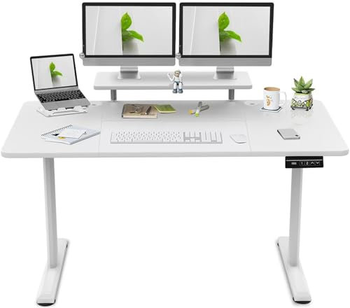 TRIUMPHKEY 180x80cm Escritorio Elevable Eléctrico con Estantes para Monitor y 2 Alturas de Memoria, Mesa Elevable Escritorio en Altura 73-118cm, Escritorio Oficina con Tablero Ensamblado Blanco