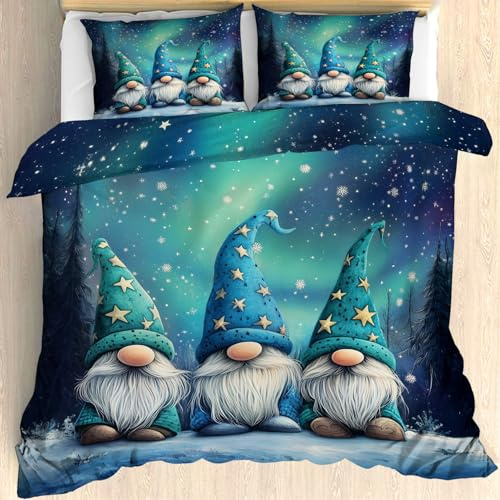 Traulpex Nette Zwerg Bettwäsche 155x220 cm 3 Teilig, Wichtel Bettbezug und 2 Kissenbezug 80x80 cm, Aurora Borealis Bettwäsche Mikrofaser Bettwäsche-Set mit Reißverschluss, Weich Bügelfrei