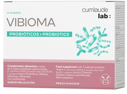 Cumlaude Lab - Vibioma, Probiotisches Nahrungsergänzungsmittel mit dreifacher Wirkung für das intime Wohlbefinden der Frau, beugt Infektionen vor, Vitaminen, Probiotika, Pfirsichgeschmack - 14 Sticks