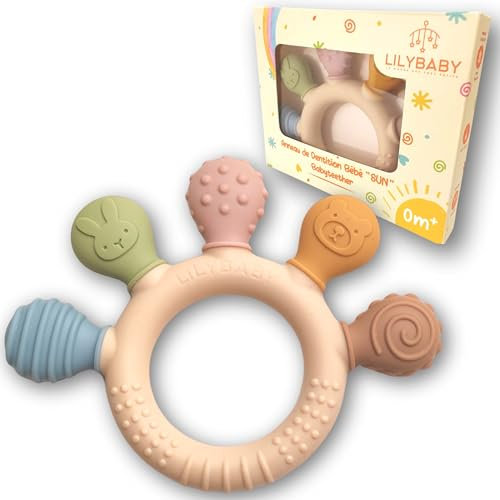 Anneau de dentition bébé Sun de LILYBABY® jouet dentaire souple en silicone réfrigérant, sans BPA, sans danger, nettoyage facile, dès 0 mois. Soulage et apaise les gencives et dents de votre bébé.