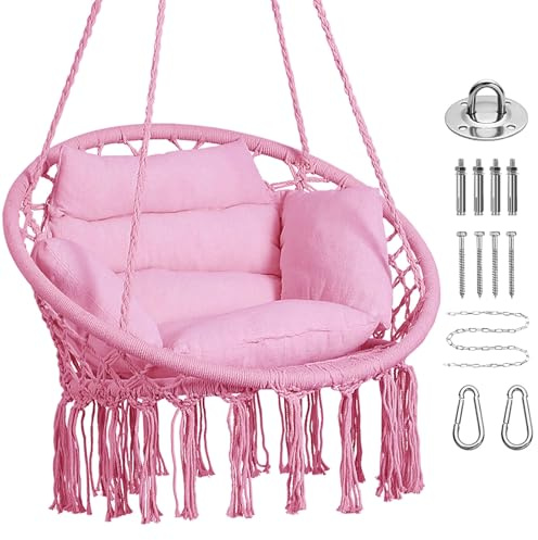 Goutime Chaise hamac suspendue en macramé avec coussin et kit de matériel, balançoire bohème pour adulte, extérieur, terrasse, balcon, chambre à coucher, rose
