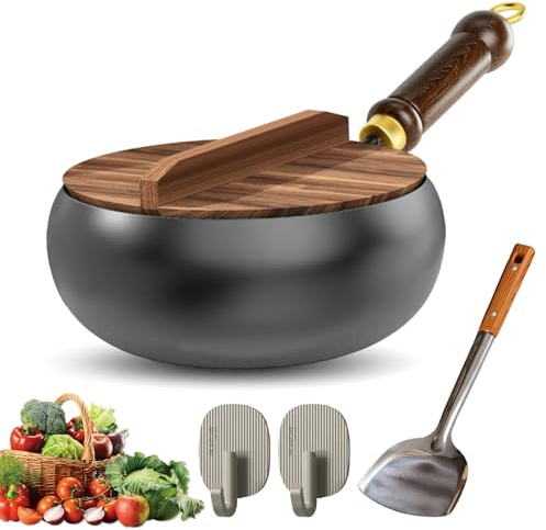 Knubbuf Japanische Eisenpfanne, Eisenpfanne Ohne Beschichtung, 24/26/28cm Biennll Eisenpfanne, Japanische Eisenpfanne Mit Holzdeckel füR Gasherd Und Induktionsherd (24cm)
