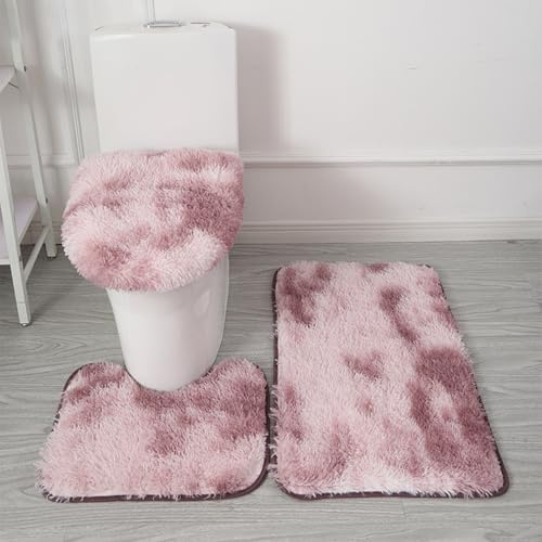 Générique Tapis de Bain 3 Pièces en Microfibre Ultra Douce – Antidérapant, Absorbant, Lavable en Machine, Tapis Contour WC et Housse de Couvercle de Toilette (Rose dégradé)