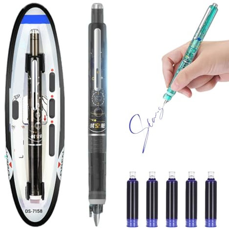 Generisch Protectivemethod Fountain Pen Retractable, 2025 Neu Einziehbarer Füllfederhalter, 0.38mm Füllfederhalter Set mit 5 Refillable Ink Cartridges tintenroller (Schwarz, Löschbar blau)