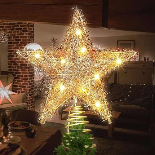 Weihnachtsbaum-Spitze Stern, Leuchtender Baumspitzen-Stern, Groß 25x30cm, 20 Warmweiße LED-Lichter mit glitzerndem Garn, Weihnachtsbaum-Dekoration für die Spitze. (Goldfarben)