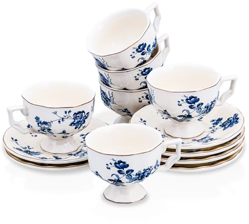 Prefdo Tea Cups and Saucers Set of 6, British Vintage Style Porcelain Tea/Coffee Cups for Women Tea Party Cafe Home Birthday Christmas (Blue Orchid)