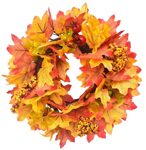 Türkranz Herbst, 30cm Künstlicher Herbstkranz Herbstdeko Granatblüte Ahornblätter Hängedeko Türkranz, Türkranz Herbst Außen für Haustür Wand Fenster Hochzeit Party Dekoration Innen Außen (02)