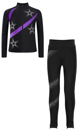 CHICTRY Eislaufanzug Mädchen Thermo Sportanzug Kinder Langarm Eiskunstlauf Jacke Farbblock Patchwork Sportjacke Mit Strass Glitzer Hose Tanzen Leggings Violett 122-128
