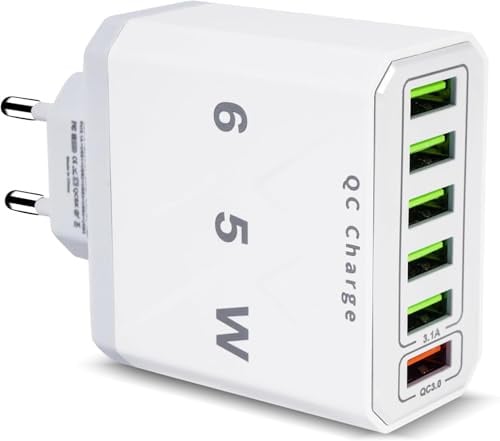 Caricatore USB, 65W 6 Porte Alimentatore Caricabatterie Rapido QC 3.0, Presa USB Multiplo, Carica Cellulare per Phone 15 14 13 12 11 Pro Max, Spina Ricarica Rapido