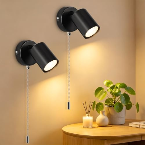 Ketom Adjustable Wall Light with Pull Cord Switch, GU10 Wall Sconce Lights | Modern Wall Spotlight Fixtures, LED Wall Lights Indoor for Bedroom Bedside Hallway, Black, Bulb Not Included, 2 Pack