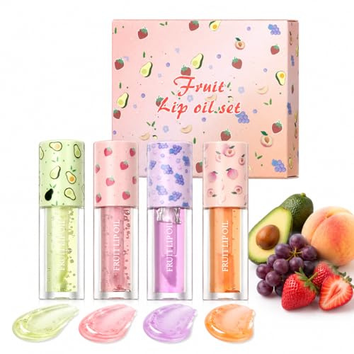 Fruchtig Lipgloss Set,Lip Glow Oil Set,Glitzer Lipgloss,Feuchtigkeitsspendendes Lippenöl für trockene Lippen,Lip Glow Oil für Frauen & junges Mädchen,Lip Gloss für Langanhaltend Glossy(4 Stück)
