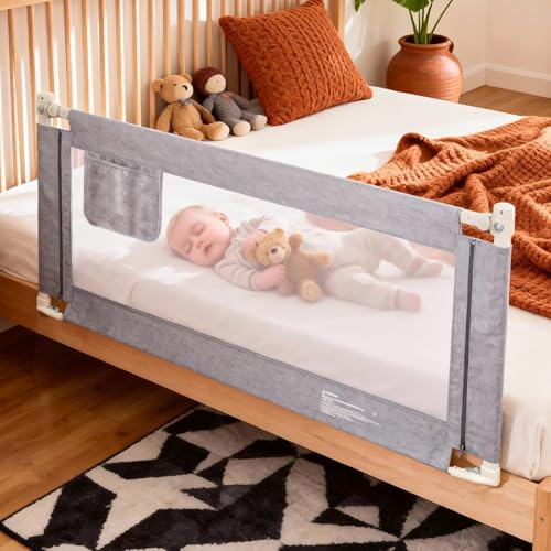 Huracan Bettgitter Baby 180cm, Rausfallschutz Bett für Boxspringbett & Elternbett, Höhenverstellbares Bettschutzgitter für Babys & Kleinkinder, Klappbar Kinderbettgitter mit Sicherheitsgurt, Grau