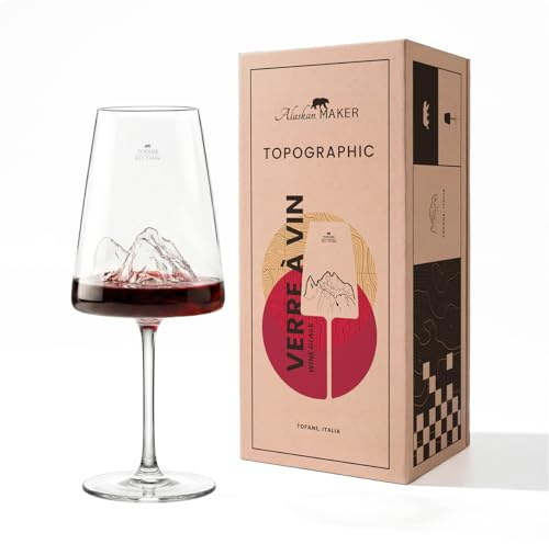 Alaskan MAKER Bicchiere da vino 400 ml - vetro borosilicato premium soffiato a bocca con rilievo 3D di una montagna sul fondo | Scatola rigida in cartone premium con magnete | TOPOGRAPHIC (Tofane)
