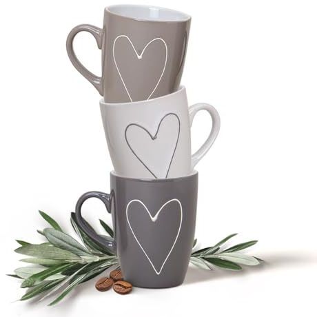 matches21 - Tazas grandes, diseño de corazones, 36 unidades, color gris, beige y blanco Cartón de cerámica de 11 cm/250 ml.