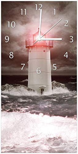 Wallario Design-Wanduhr Leuchtturm im Wasser bei stürmischer See aus Glas, Motiv-Uhr Größe 30 x 60 cm, weiße Zeiger