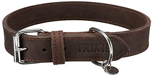 TRIXIE Rustic Halsband Leder Größe L: Halsumfang 48–56 cm/30 mm in Dunkelbraun - genähtes Lederhalsband für mittelgroße Hunde, in klassischem Design, schonendes Anleinen, 19008