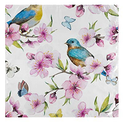 Kcldeci Pinke Blumen kleine Vögel Stoffservietten 4 Stück Set Frühling Kirschblüten Tischservietten Küchenservietten Leinen-Tuch Läufer für Bauernhaus Urlaub Party Hochzeit Hotel Home Decor