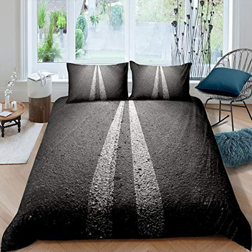 Loussiesd Straße Bettwäsche Set 155x220cm für Mädchen Jungen Kinder Autobahn Muster Betten Set Retro Stil Bettbezug Set Dekor Modern Grey Design Bettwäsche Kollektion 2 STK
