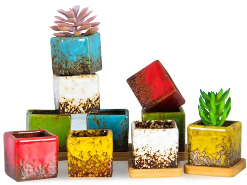ARTKETTY Vasi per piante grasse, 5 cm, in ceramica, con vassoio di drenaggio, piccoli vasi quadrati smaltati da giardino per cactus, fiori, erbe, perfetti per davanzale o scrivania, set da 5