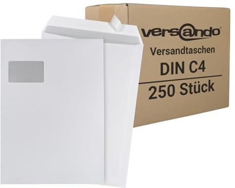 versando 250x C4 Versandtaschen mit Fenster Briefumschläge Fensterbriefumschläge weiß selbstklebend passend für DIN A4 (1 Karton)