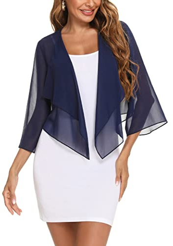 Aottori Navy Chiffon Bolero Shrugs for Women UK, Ladies 3/4 Sleeve Cropped Thin Cardigans Tops Evening Wedding Dresses Navy L