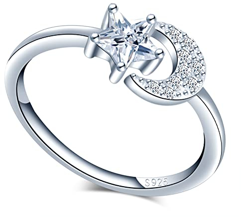 MICGIGI Damen 925er Sterling Silber Ring Sterne und Mond Verstellbarer Ring mit Zirkonia