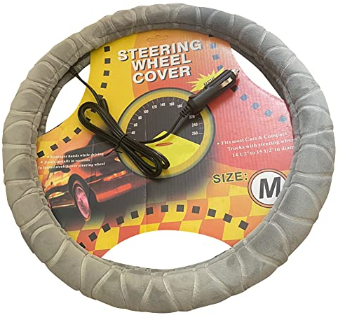 ihreesy 12V Beheizte Auto Lenkradhülle,Winter Wildleder Auto Lenkradabdeckung 37cm-38cm Komfortable Lenkradschoner Lenkradbezug Lenkradschutz mit Zigarettenanzünderbuchse,Grau