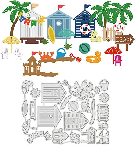 GLOBLELAND Stanzschablonen Strand Metall Schneiden Schablonen Häuser, Kokospalmen, Krabben, Volleyball und Sonnenschirm Stanzformen für Kartenherstellung und DIY Scrapbooking Dekor