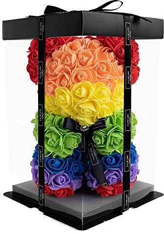 Infinity® - Rosen Bär mit Geschenkbox & über 300 handbeklebten ewigen Rosen mit Duft - Geschenk für Frauen, zum Geburtstag oder Jahrestag (Rosen Teddybär Rainbow in 25cm)