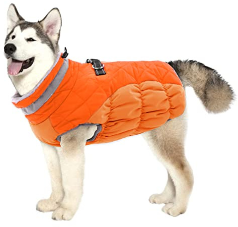 Lelepet Wasserdicht Hundemantel, Winter Winddicht Hundejacke mit Geschirr, Warme Reflektierend Schneeanzug Winterweste, Kaltes Wetter Hundepullover für Kleine Mittlere Große Hunde (Orange, 2XL)