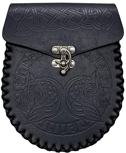 HiiFeuer Gürteltasche mit nordischer Prägung, Retro-Mittelalter-Kunstleder-Seitentasche, tragbare Vintage-Gürteltasche für LARP Ren Faire (Fenrir Schwarz)