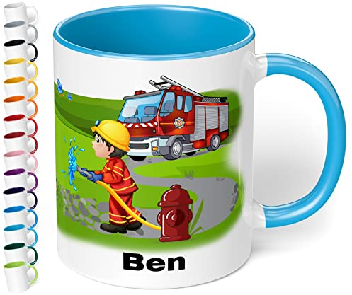 Tasse mit Namen für Kinder Feuerwehrmann – Kindertasse personalisiert – Feuerwehr Kinderbecher Trinkbecher für Jungen und Mädchen - rundum bedruckt – Geschenk zu Weihnachten, Geburtstag (Hellblau)