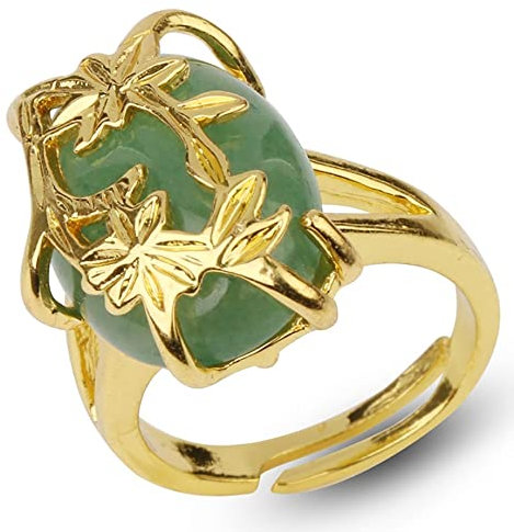 LODMLOER Trend Natural Green Aventurine Ring - Open Gold Plated Flower Adjustable Wire Wrapped Crystals Ring, Fashion Creative Chic Ring,Jewelry for Girls Ladies Birthday Daily Wear