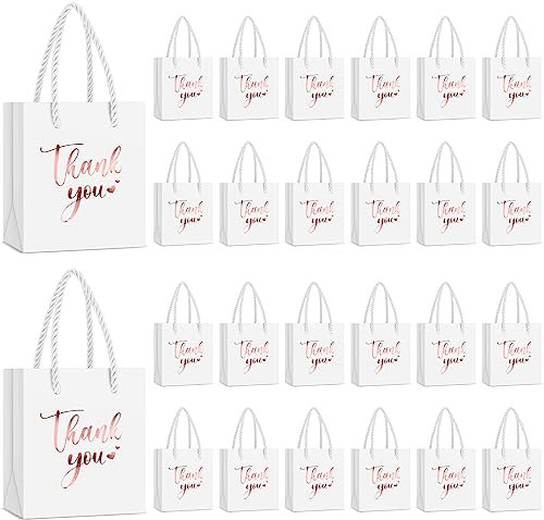 Honoson 30 Pcs Mini Gift Bag with Handle 4 x 2.75 x 4.5'' Small Thank You Paper Bag for Wedding Baby Shower Birthday Graduation Thanksgiving Party Favor Supplies(White/Rose Gold)