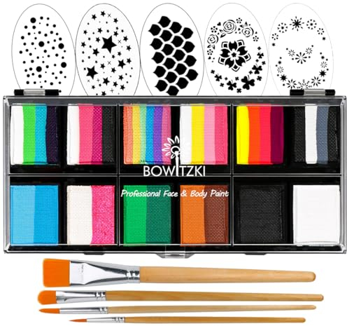 Bowitzki Kit de peinture faciale professionnelle pour enfants et adultes, 12 x 10 g, avec pochoir, gâteau fendu, gâteau fendu, non toxique, arc-en-ciel, flore, dauphin, licorne, flamme, maquillage du