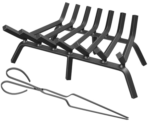 MESTYL Kaminrost, 61 cm, robust, Schmiedeeisen, Kaminholzrost, 1,9 cm (3/4 Zoll), Feuerroste mit Feuerholzzange, Brennholzregal für den Außenbereich, Holzofen, Grube und Kaminholzhalter für den