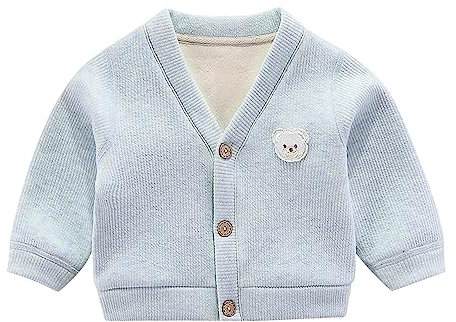 BILIKEYU Cardigan imbottito per neonati, ragazzi e ragazze, scollo a V, bottone, motivo orsetto cartone animato, abbigliamento quotidiano con cappuccio per donna, Blu, 3-6 Mesi